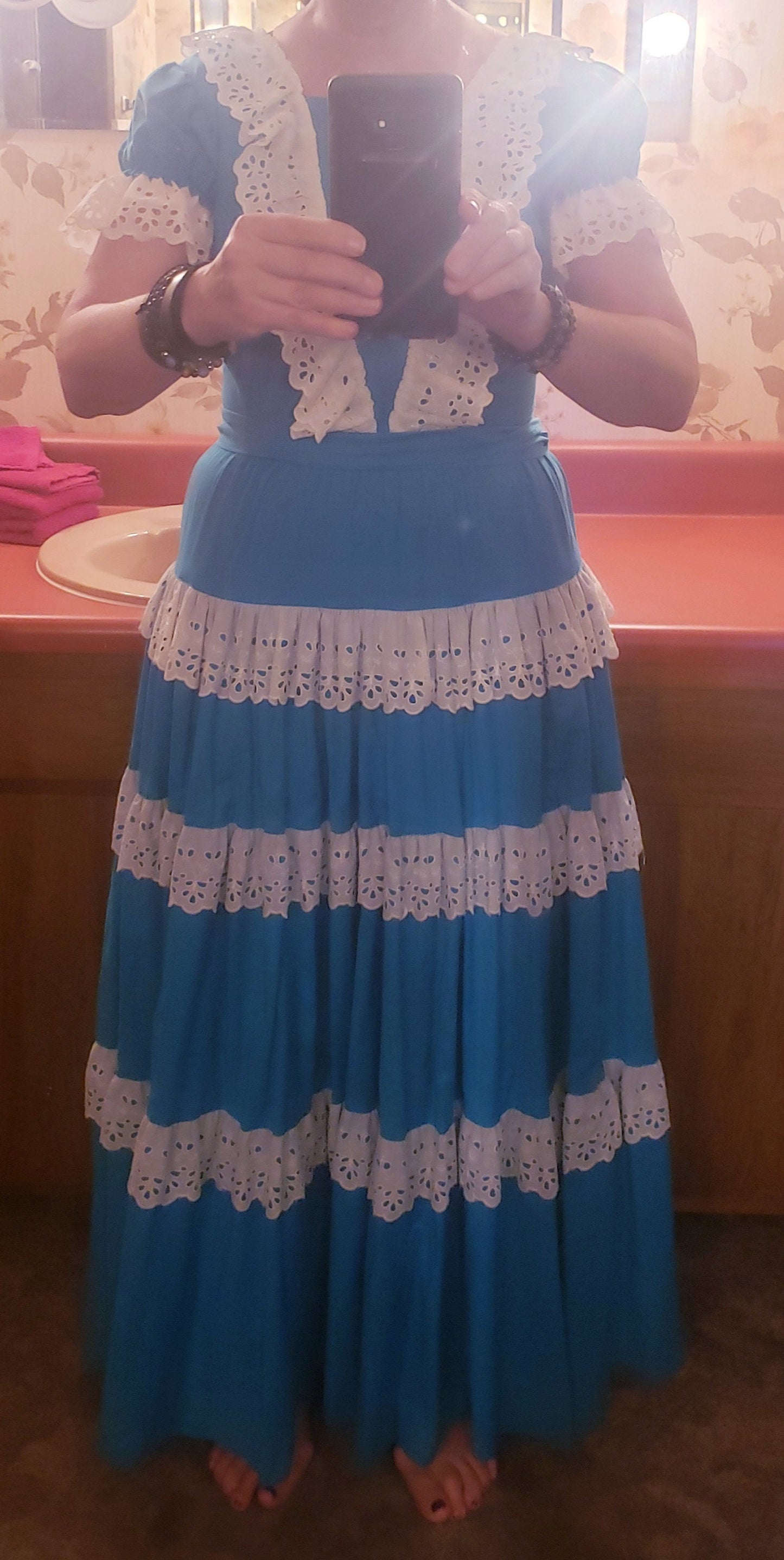 Vintage 70's Prairie Dress in Cyan and Eyelet Lace