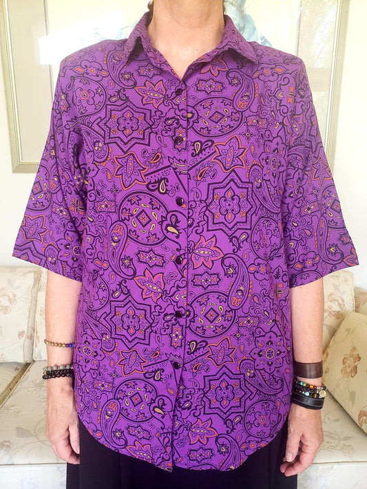 Purple Paisley/Geometric Print Blouse by California Happenings