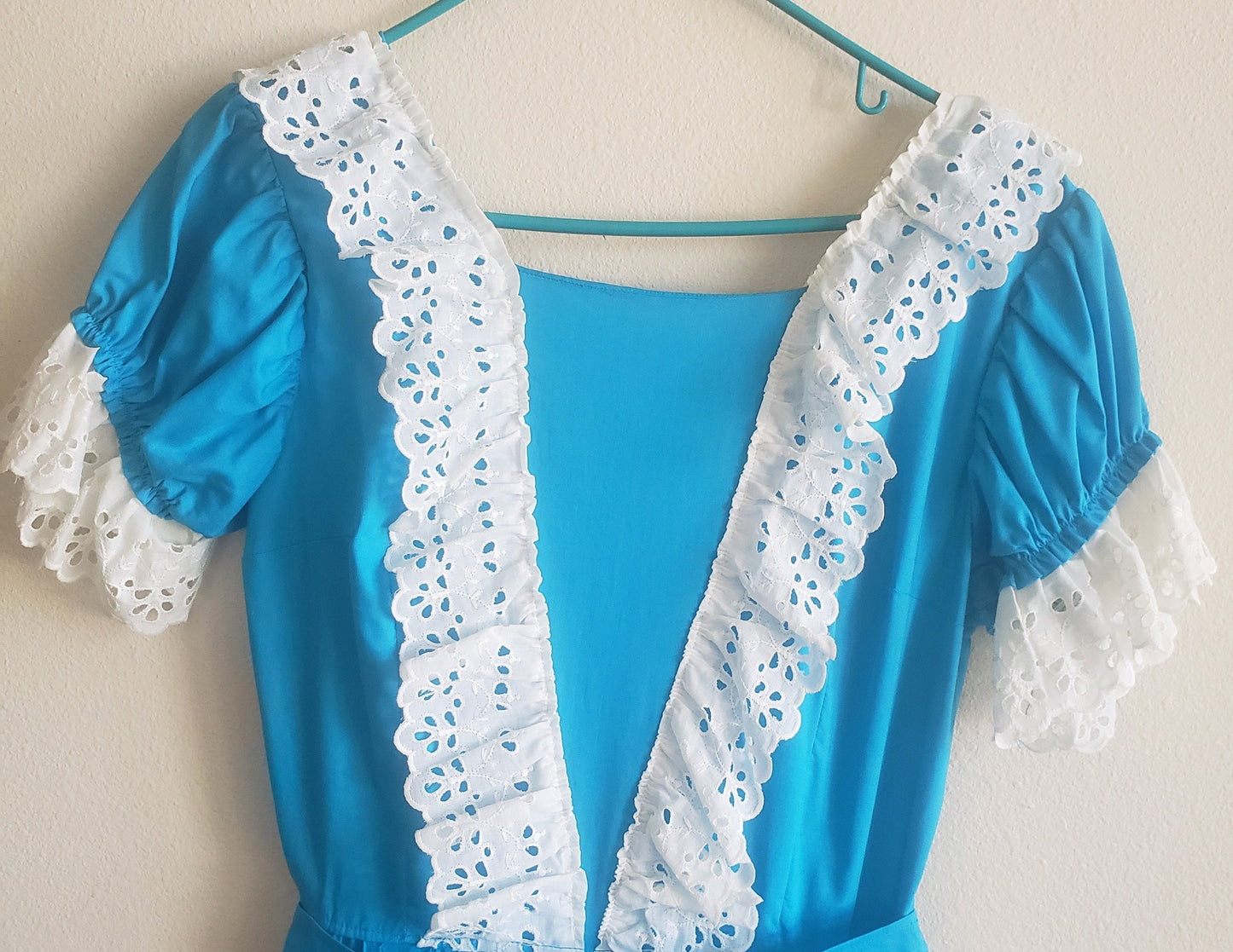 Vintage 70's Prairie Dress in Cyan and Eyelet Lace
