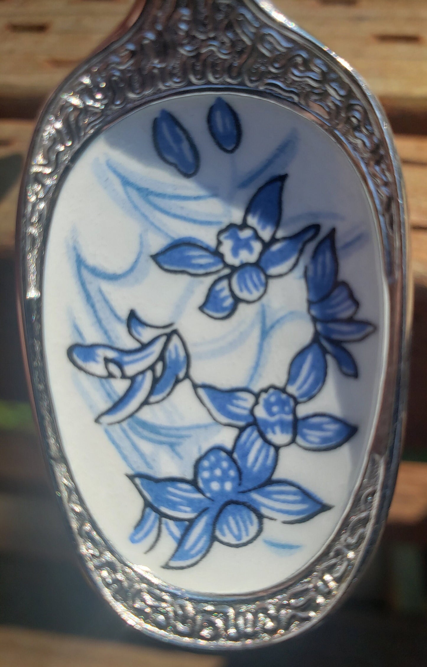 Vintage W Brite Ceramic and Silver Engraved Dessert Spoon