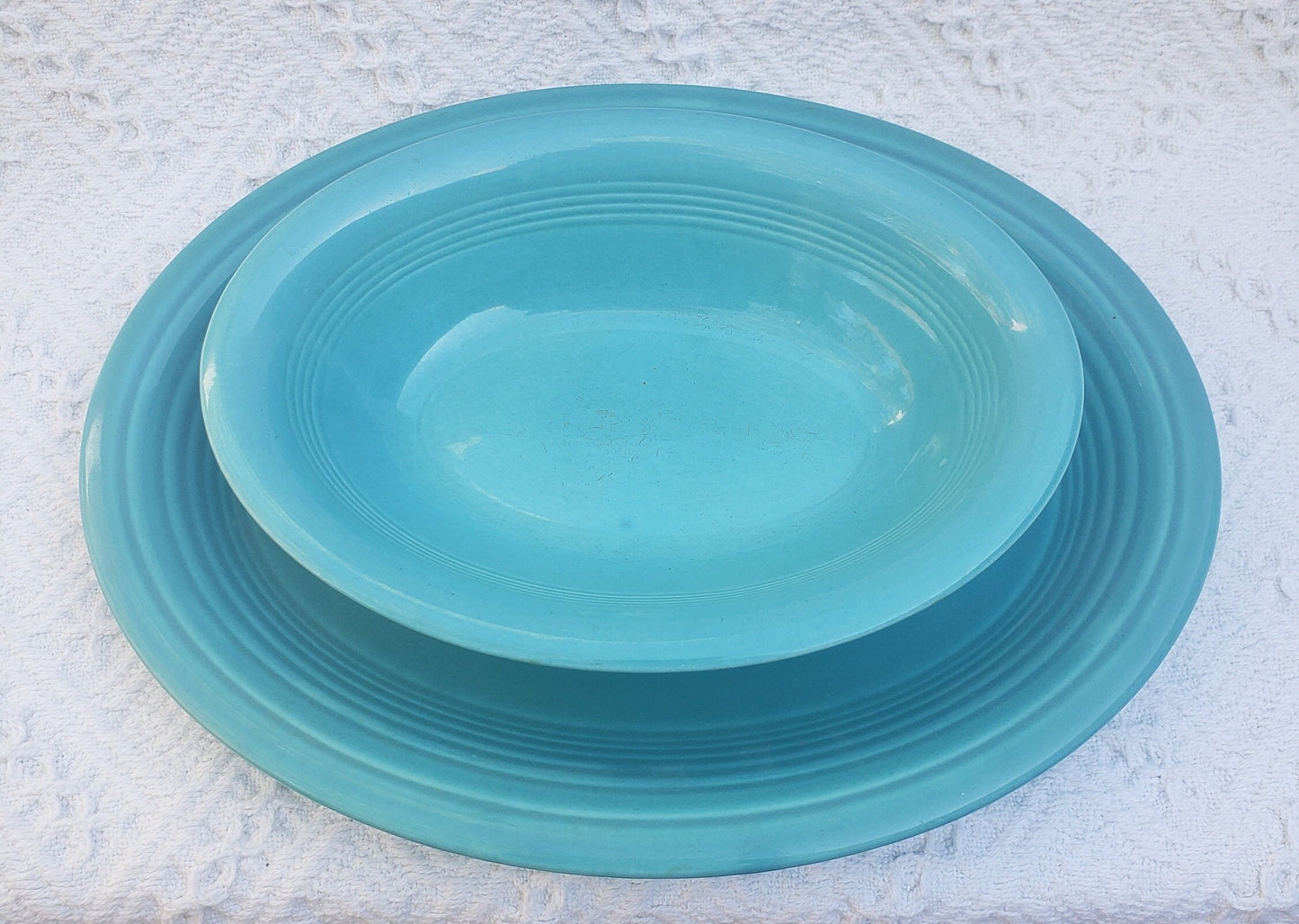 Vintage Turquoise Fiesta Platter and Harlequin Oval Baker