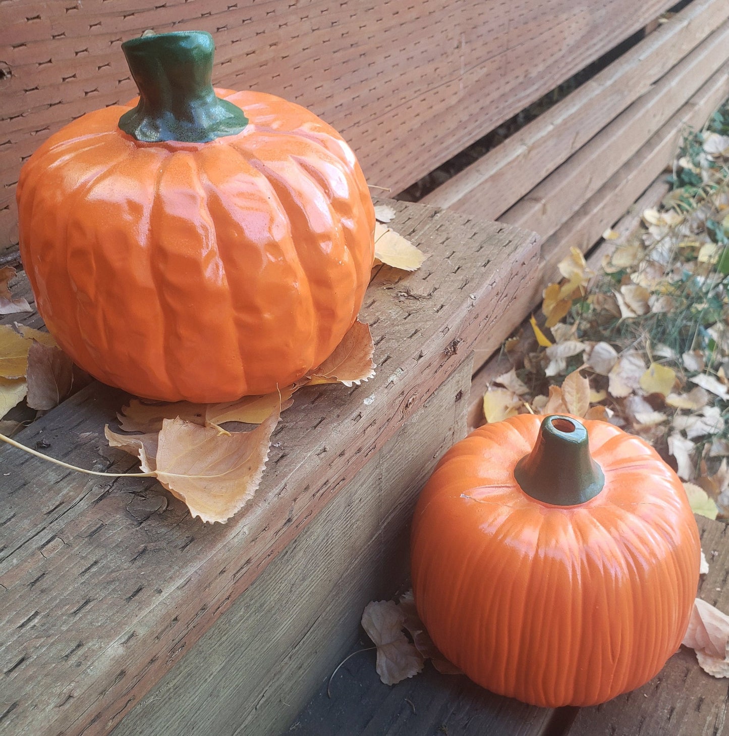 Set of 2 Vintage Ceramic Halloween Pumpkin/Jack O Lantern Luminaries