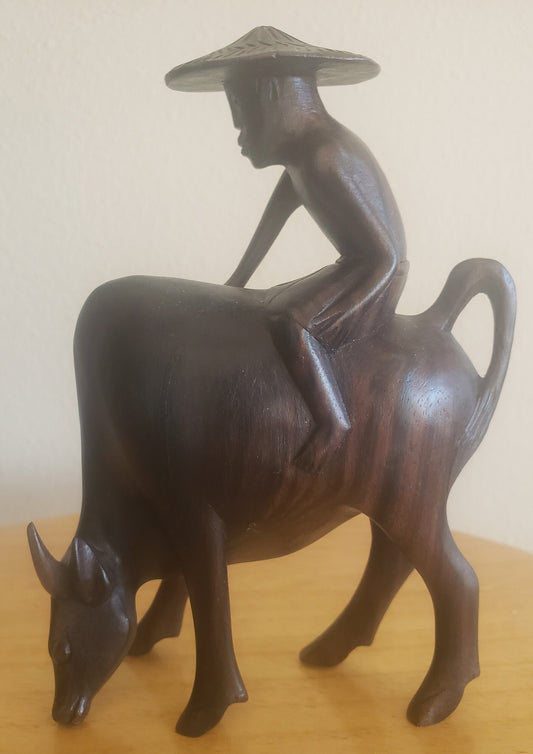 Vintage Rosewood Asian Farmer Sitting on a Water Buffalo