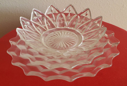 Vintage Fostoria American Serving Dishes Set and Vintage Federal Glass Petal Pattern Bowl