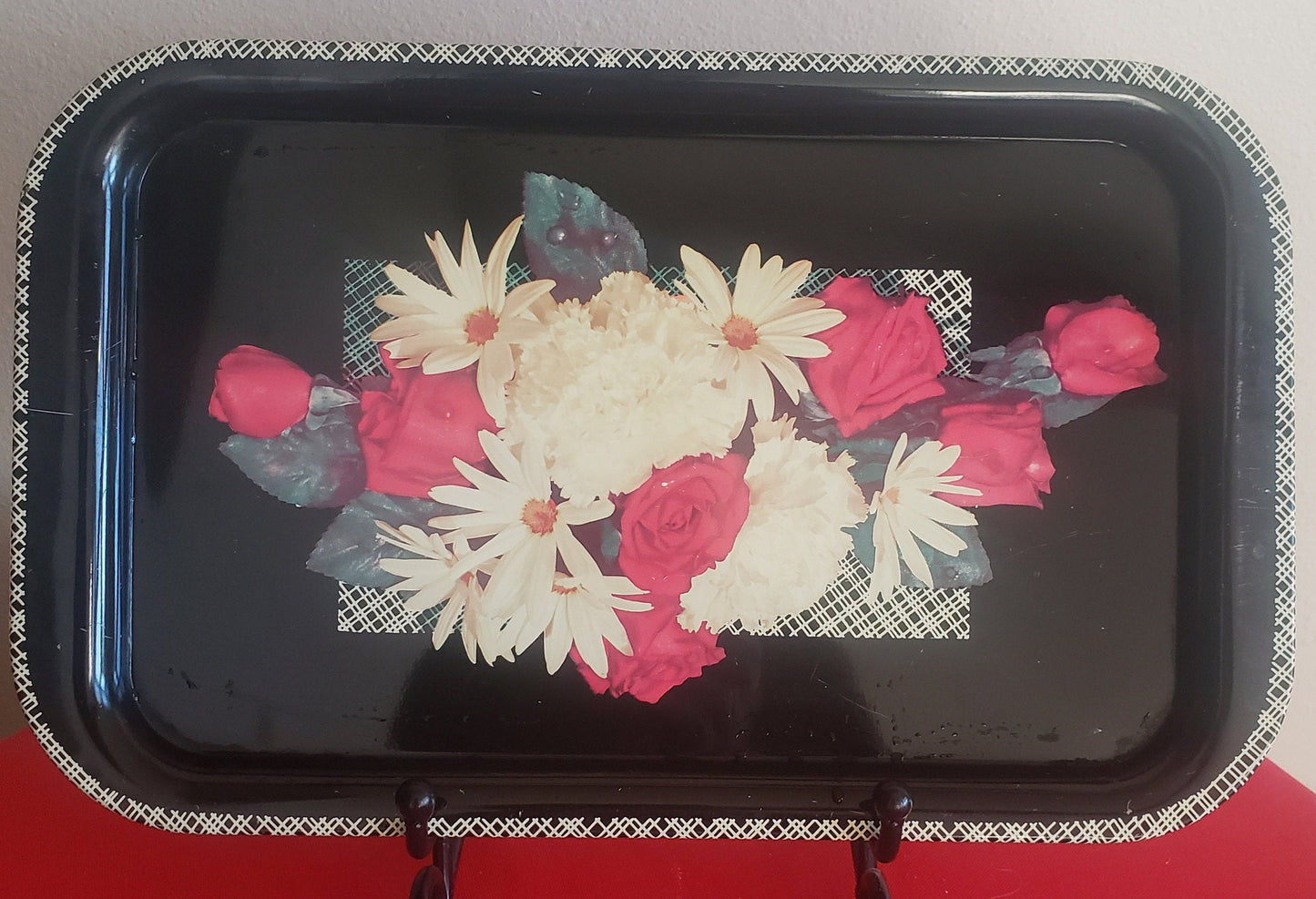 Vintage Metal Litho Lap/TV/Bed/Serving Tray Black with Carnations, Roses and Daisy's