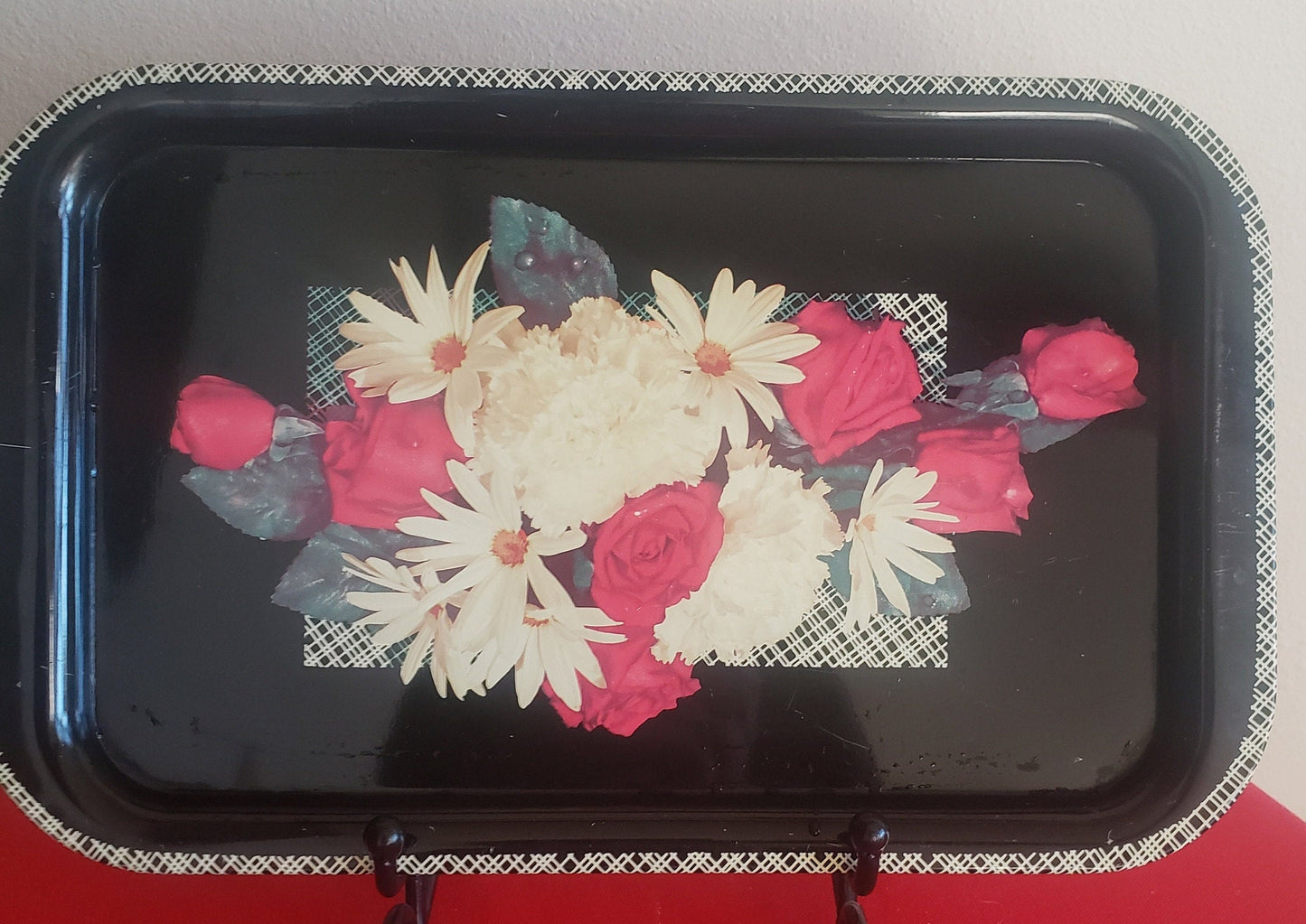 Vintage Metal Litho Lap/TV/Bed/Serving Tray Black with Carnations, Roses and Daisy's