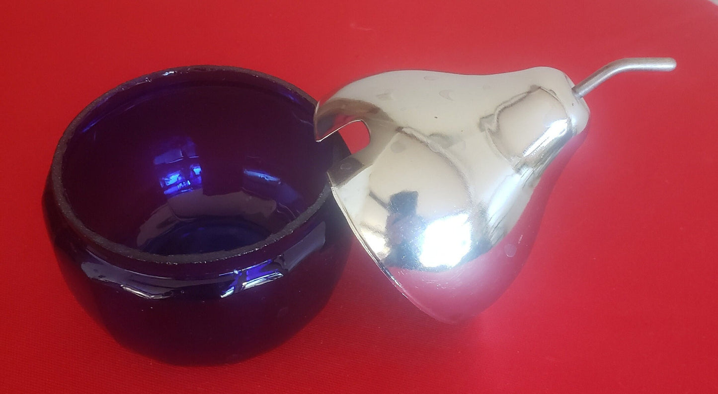 Vintage Cobalt Blue Pear Shaped Glass Jam/jelly/Sugar Jar With Chrome Lid