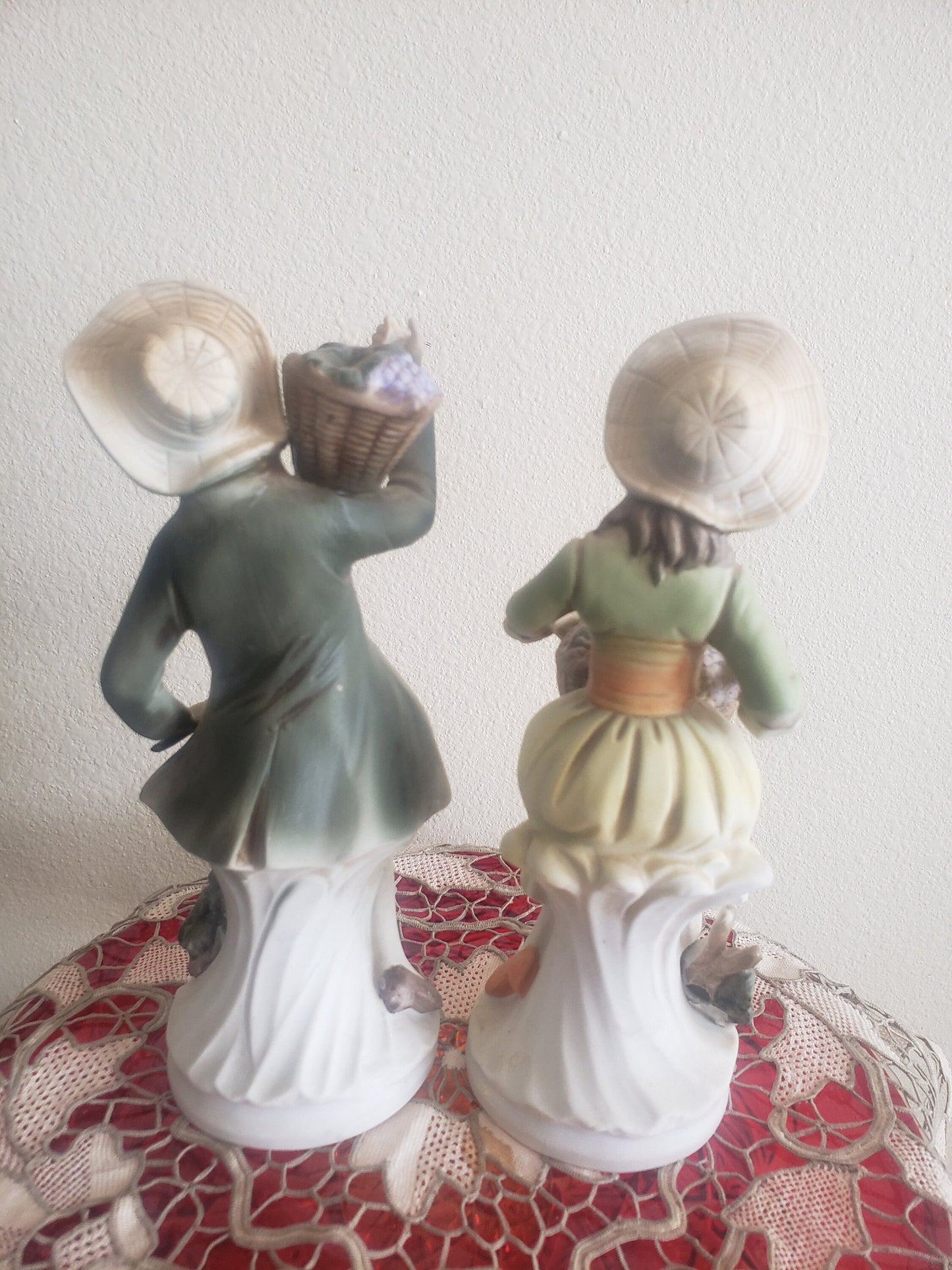 Vintage HOMCO Porcelain Figurines: Tuscany Man &amp; Woman with Baskets of Grapes