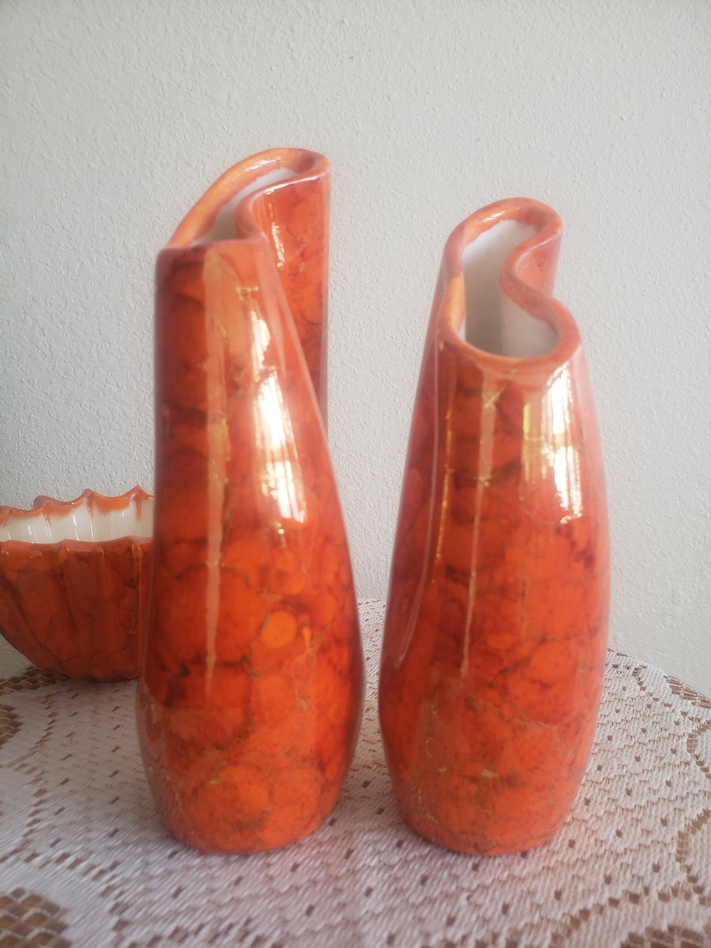 Retro Pair of Pinched Vases with Matching Bowl