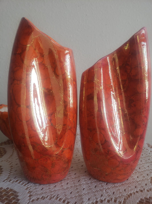 Retro Pair of Pinched Vases with Matching Bowl