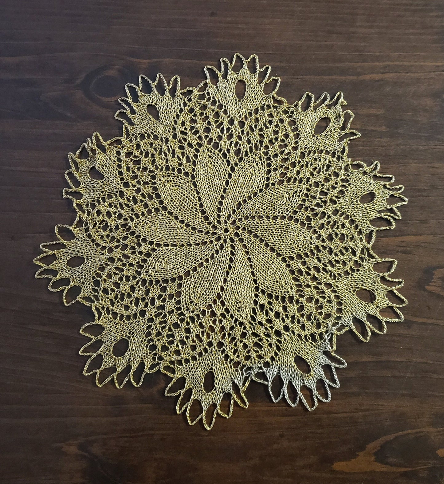 Vintage Hand Crocheted Beige Doily with Gold Metallic Thread