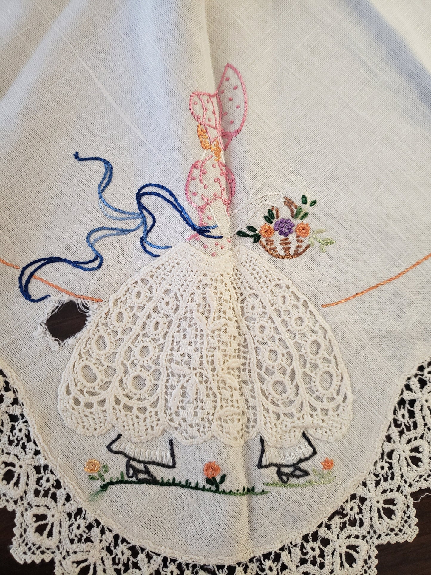 Vintage Embroidered Linen Dresser Scarf
