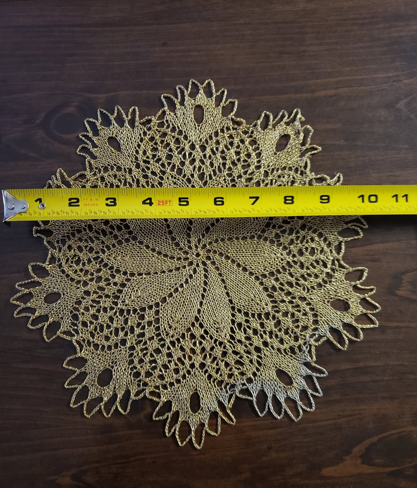 Vintage Hand Crocheted Beige Doily with Gold Metallic Thread
