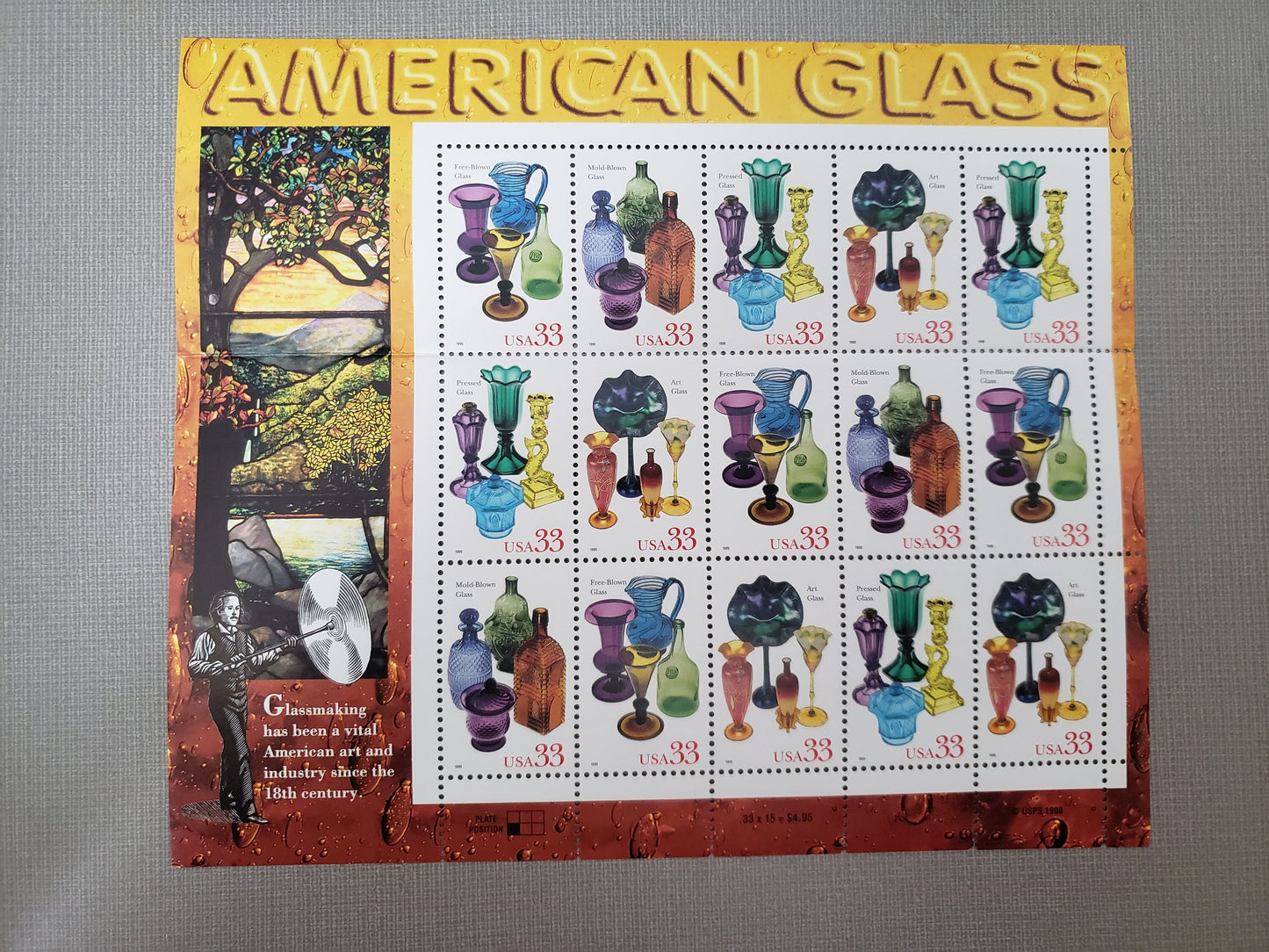American Glass Full Sheet of 15 Unused US Postage Stamps 33c Glassmaking Free-Blown