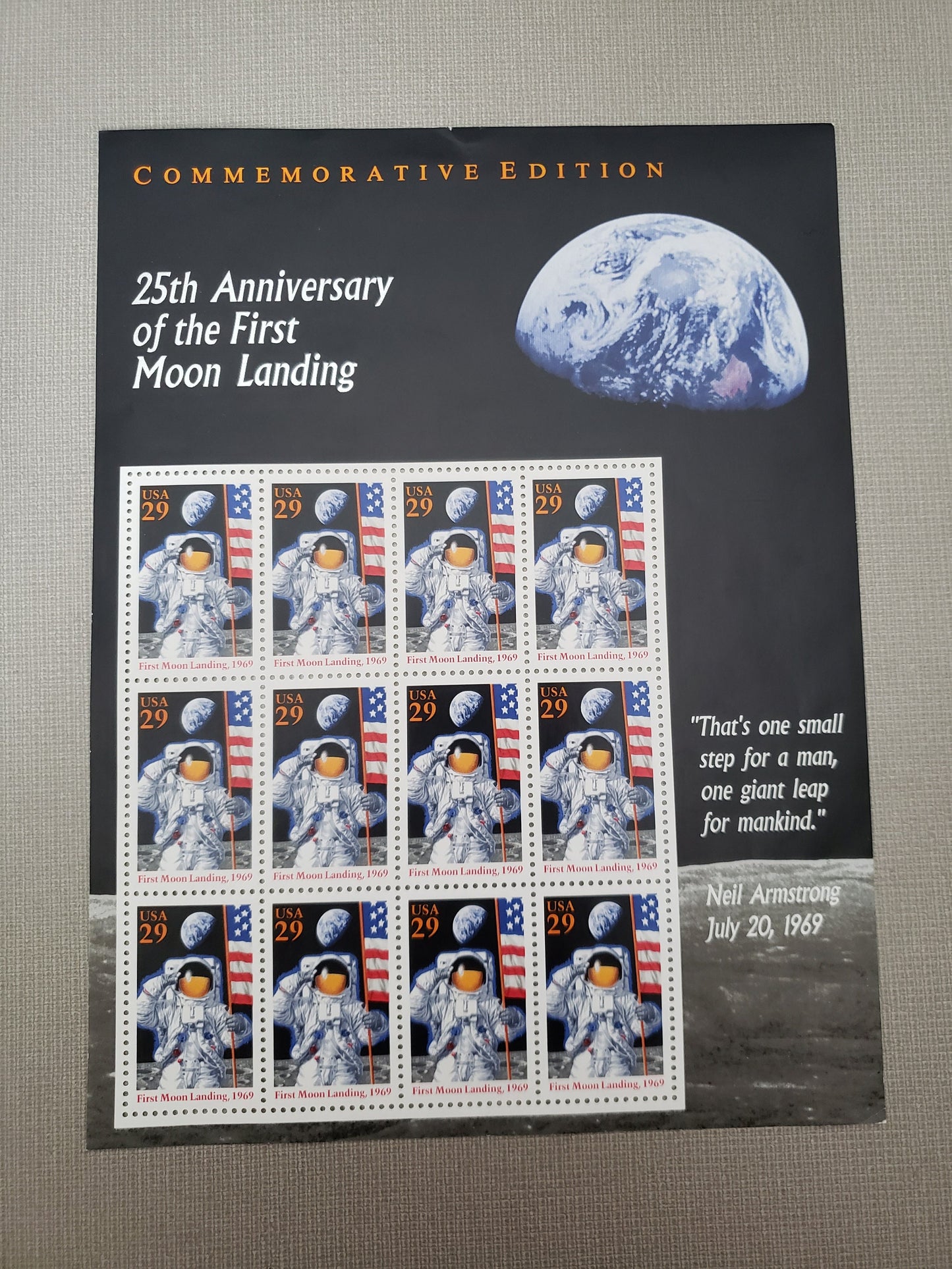 Celestial Commemoration: 25th Anniversary of First Moon Landing Stamps Signed by Apollo 16 Astronaut