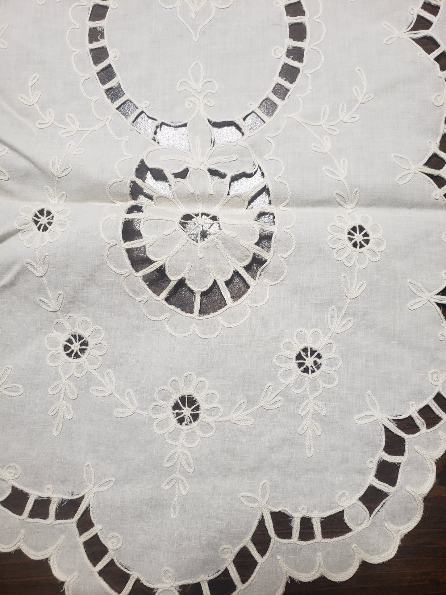 Vintage Embroidered Cut Work White Linen Table Runner or Dresser Scarf