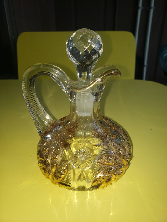 Vintage Crystal Cruet with Gold Flash and Prism Glass Stopper