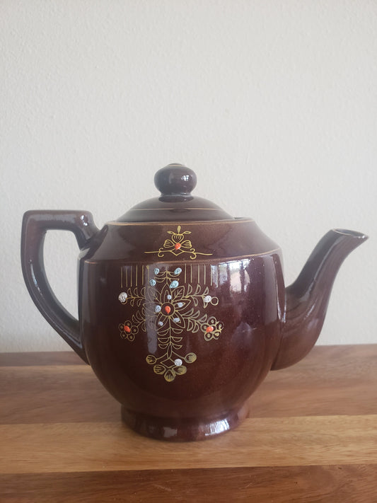 Pretty Hand Painted Brown Glazed Redware Japanese Teapot