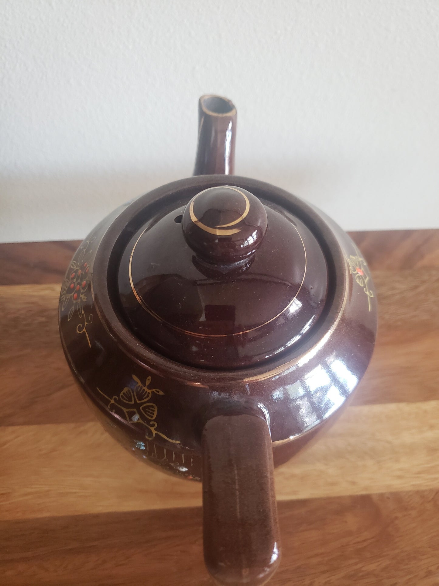 Pretty Hand Painted Brown Glazed Redware Japanese Teapot