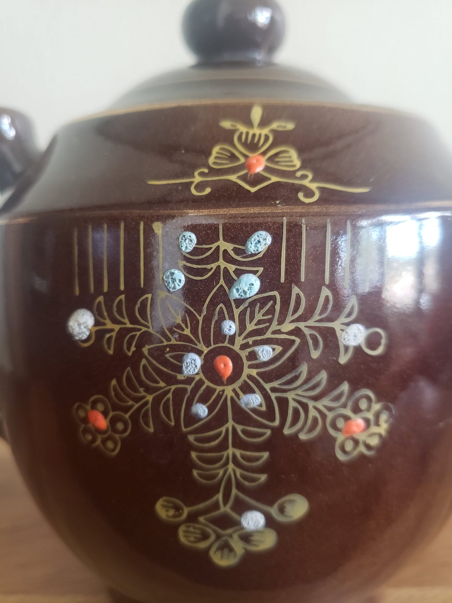 Pretty Hand Painted Brown Glazed Redware Japanese Teapot