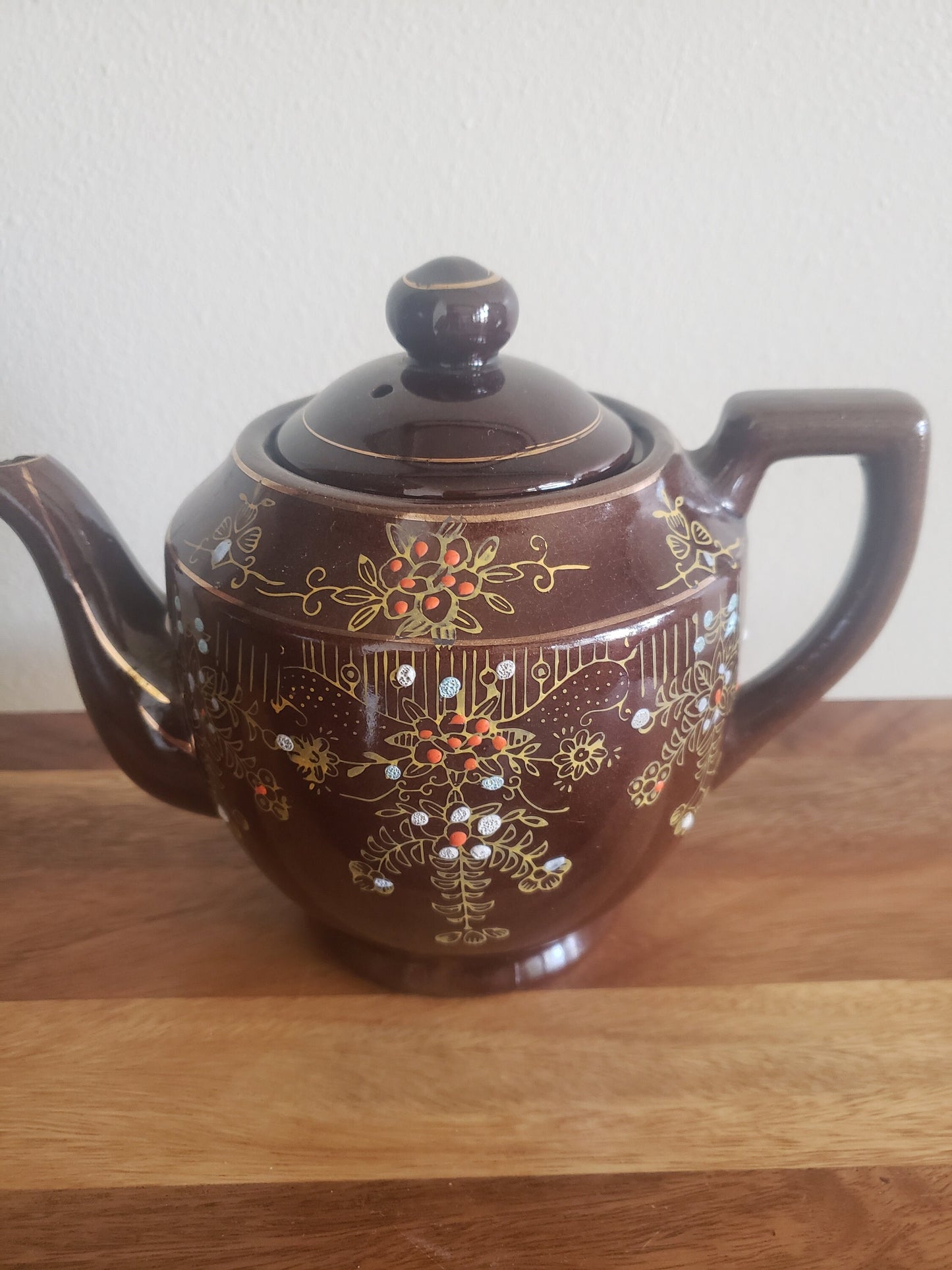 Pretty Hand Painted Brown Glazed Redware Japanese Teapot