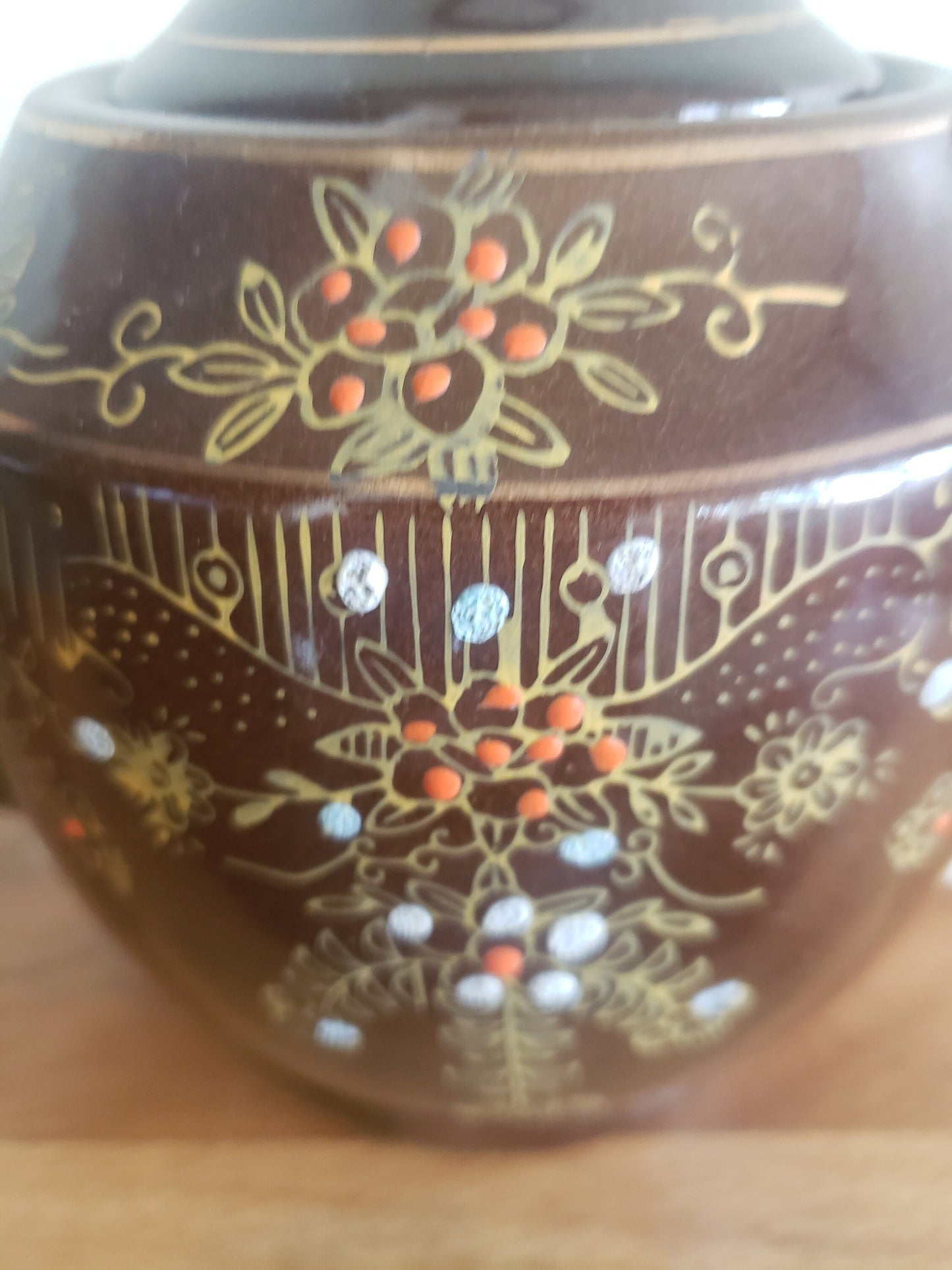 Pretty Hand Painted Brown Glazed Redware Japanese Teapot