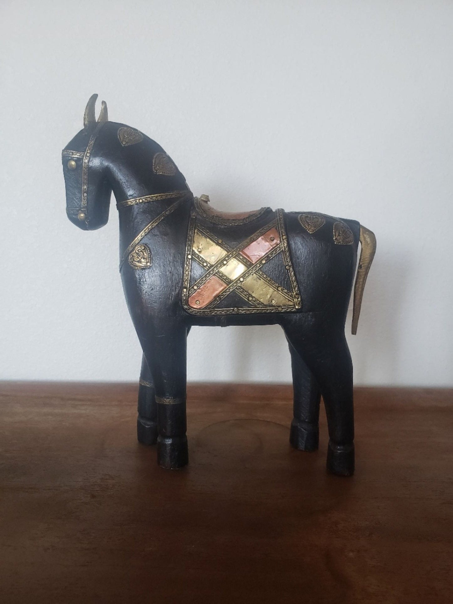 War Horse Sculpture with Copper and Brass Decorations