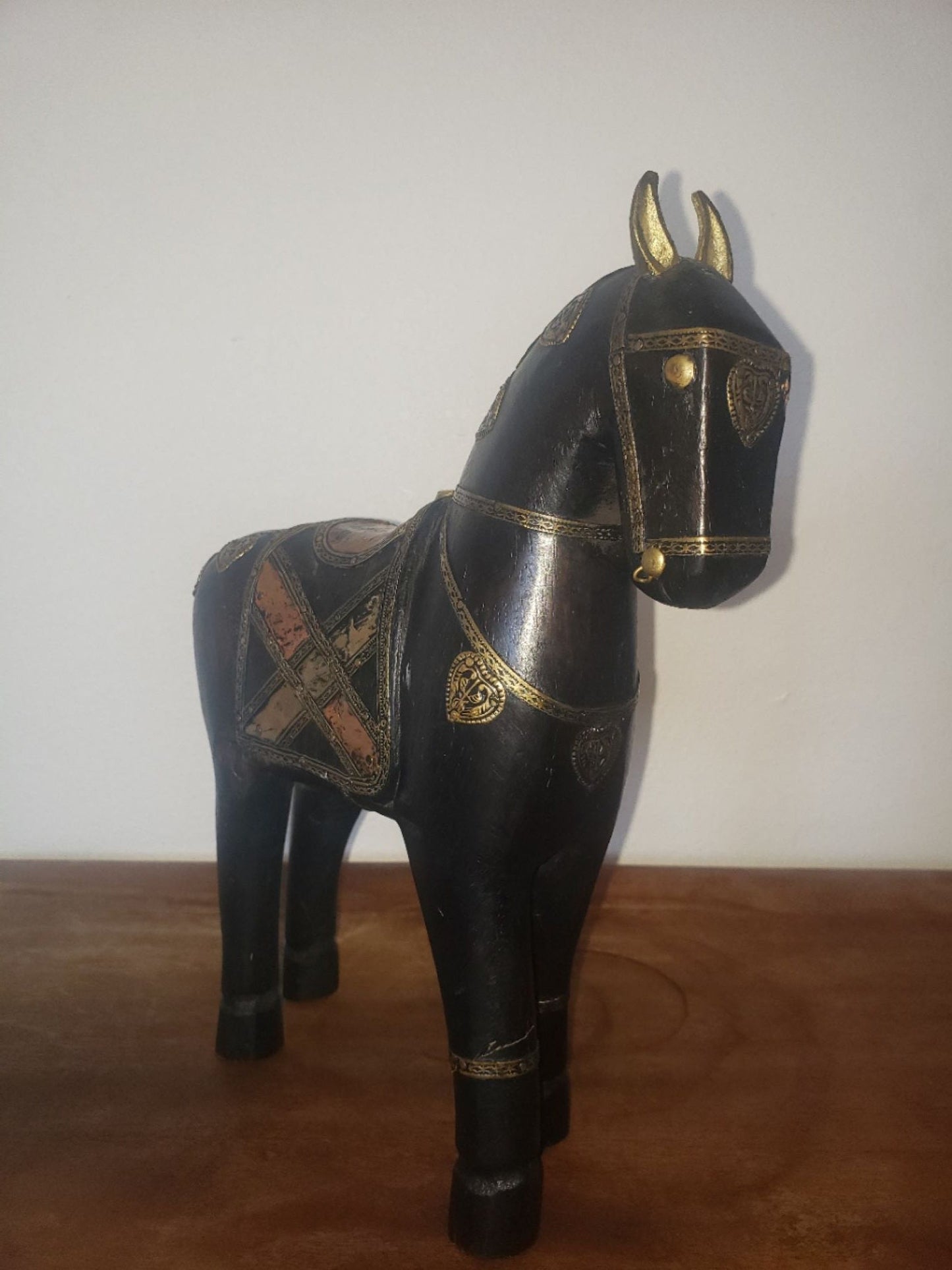 War Horse Sculpture with Copper and Brass Decorations