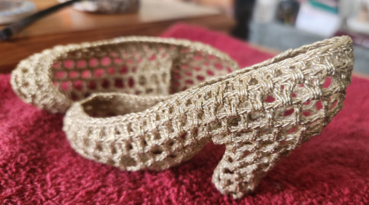 Vintage Crocheted Shoes, Handmade Gold Lame, Miniature High Heels